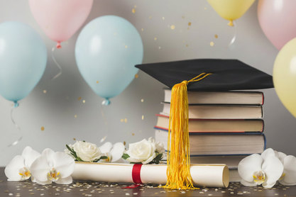 Graduation cap on stacked books with diploma, flowers, and balloons, celebrating prom and graduation milestones.